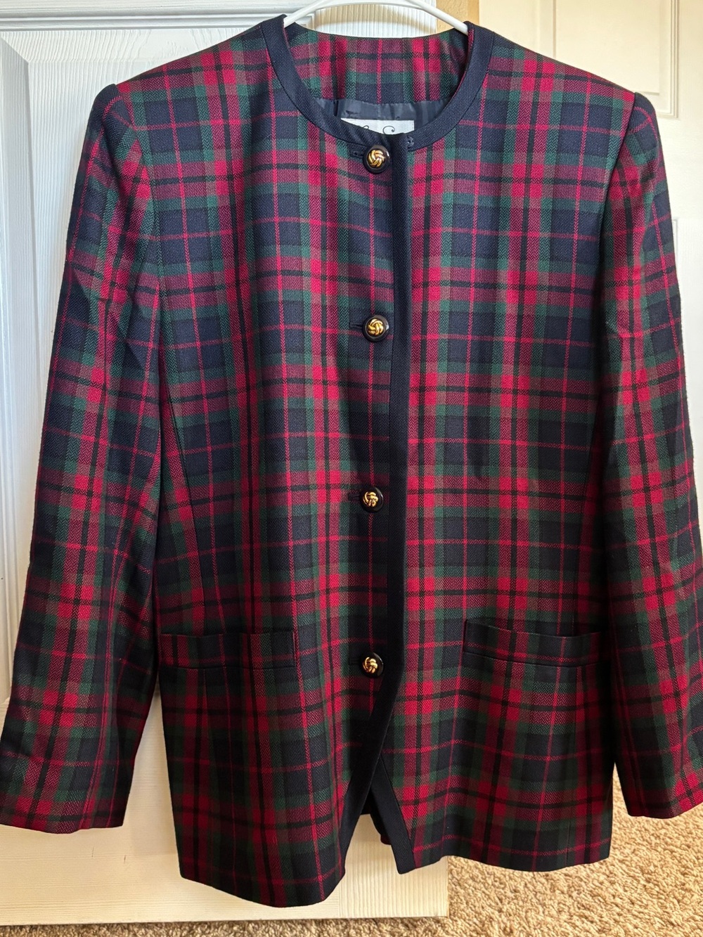 Le Suit Red & Green Plaid Collarless Blazer with Gold Buttons